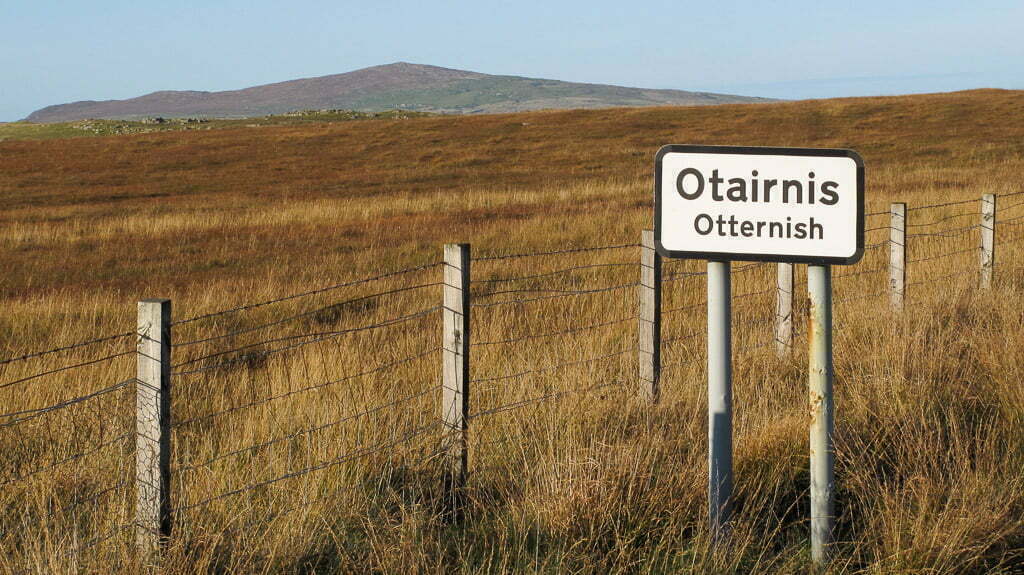 A signpost for Otairnis (Otternish) on the Hebridean Way. Gaelic is still spoken on these islands and as you ride the route you will see the signposts have gaelic as the primary langauge.