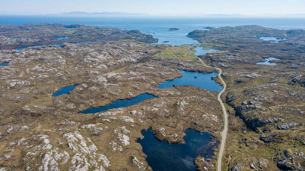 Cycling on the Outer Hebrides. An aerial view of the road show the stunning cycling
