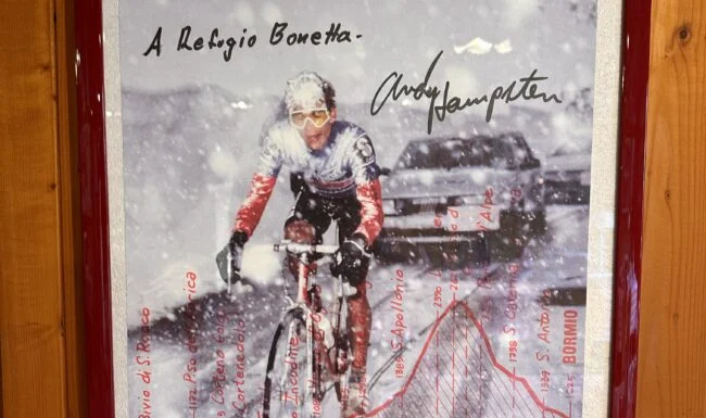 The signed picture of Andy Hampsten in the Rifugio Bonetta on the summit of the Passo di Gavia in the Italian Alps.