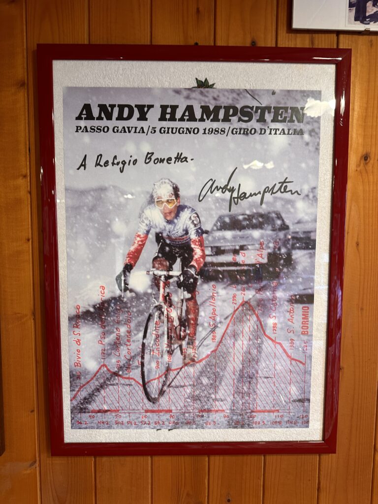 The signed picture of Andy Hampsten in the Rifugio Bonetta on the summit of the Passo di Gavia in the Italian Alps.