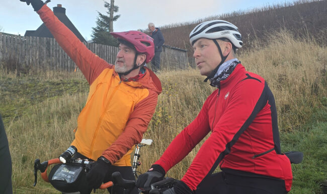 Scot Tares from Skinny Tyres chats with Olympic Gold Medal Cyclist Sir Chris Hoy. They were riding with TV personality Paddy McGuinness on his Ultra Endurance Cycle Challenge for BBC Children in Need. Paddy was riding from Wales to Scotland on a Raleigh Chopper.