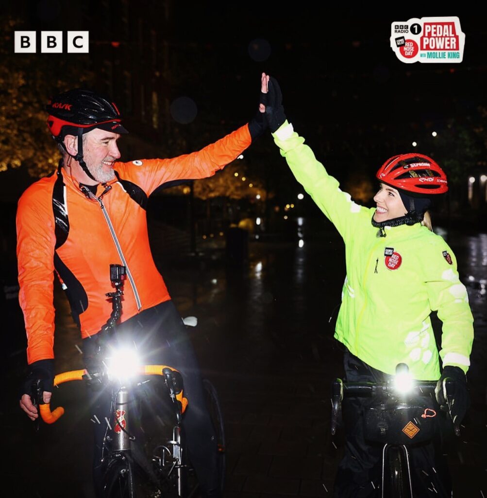 Scot Tares and Mollie King arrive in Leeds at the Day 4 finish line of Mollie King Pedal Power Challenge for BBC Comic Relief and Red Nose Day