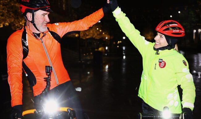 Scot Tares and Mollie King arrive in Leeds at the Day 4 finish line Mollie King Pedal Power Challenge for BBC Comic Relief and Red Nose Day.