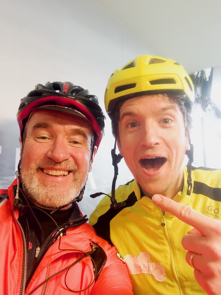 Scot Tares from Skinny Tyres cycling holidays meeting Radio 1 DJ Greg James during Mollie King Pedal Power Challenge for BBC Comic Relief and Red Nose Day