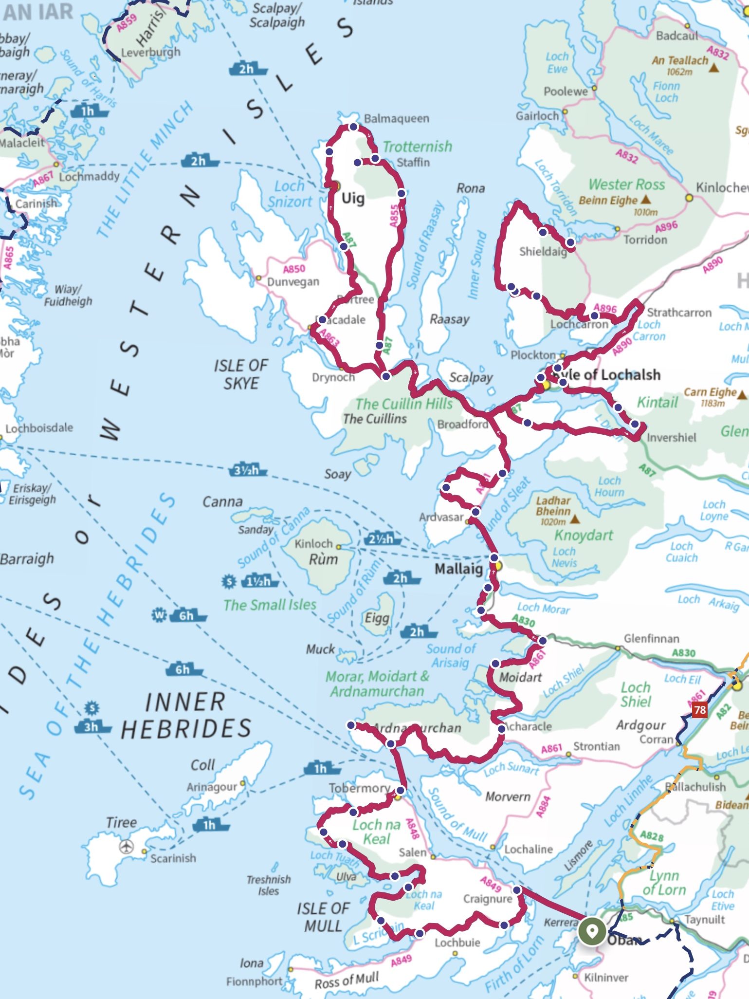 A map showing the full, multi-day route of the Skinny Tyres hebridean Island Hopper cycling trip.